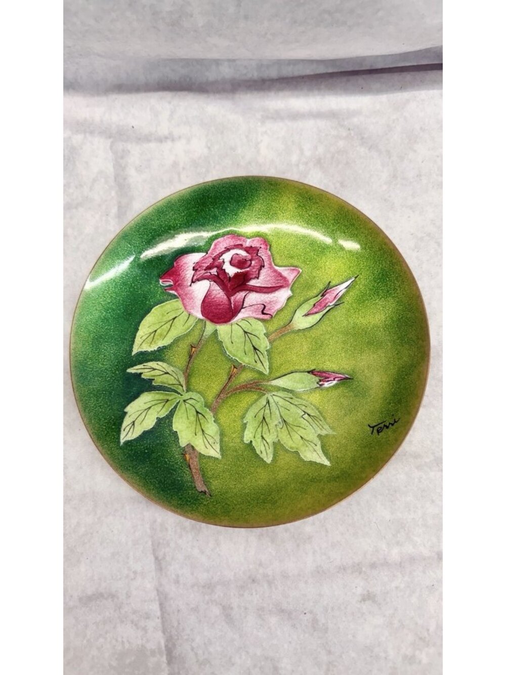 Enamel on Copper Pink Rose Floral Decorative Plate Signed Terri Cottagecore 8"